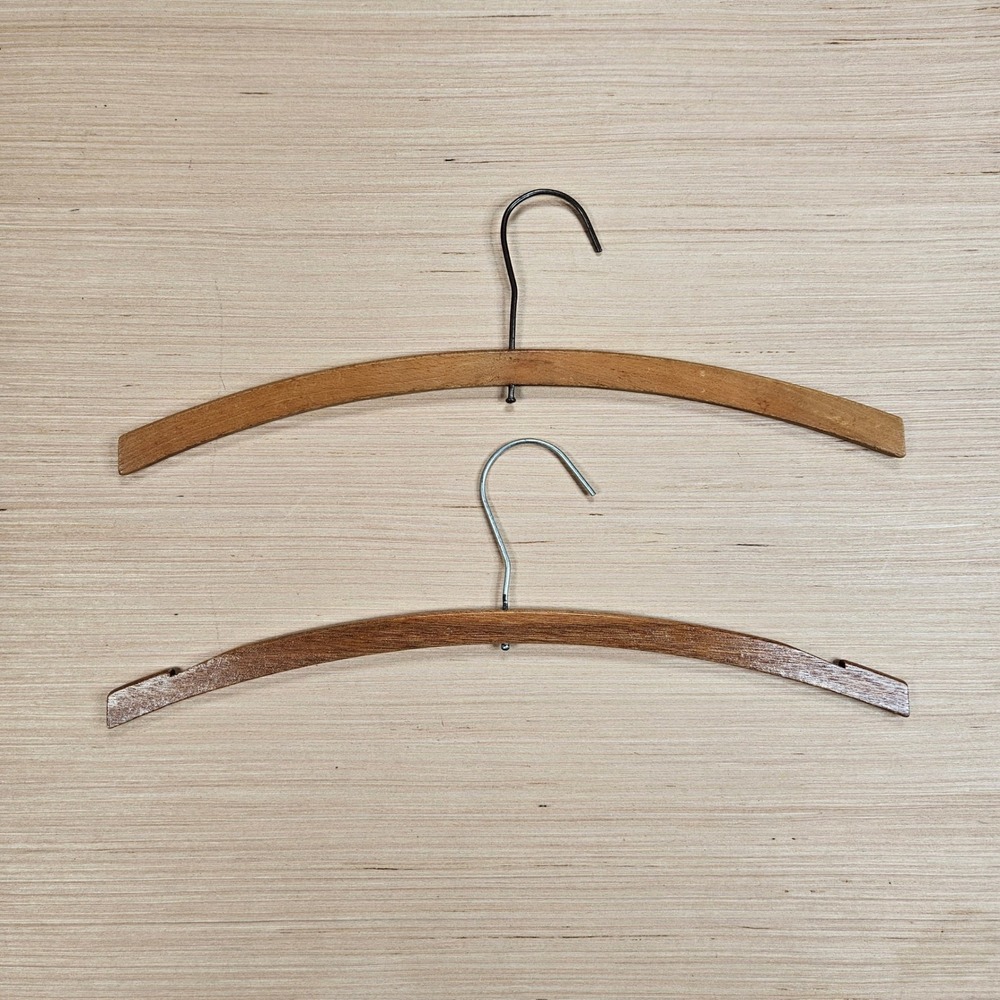 Lot of 2 MCM Wooden Clothes Hangers Brown Vintage Wood Notched Unbranded